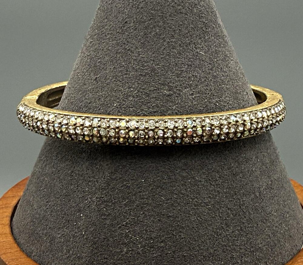 J.CREW Gold Tone Pavé Crystal Hinged Bangle Cuff Bracelet Stackable Signed